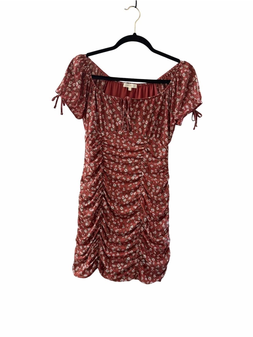 Ruched Floral Square-Neck Dress in Rust